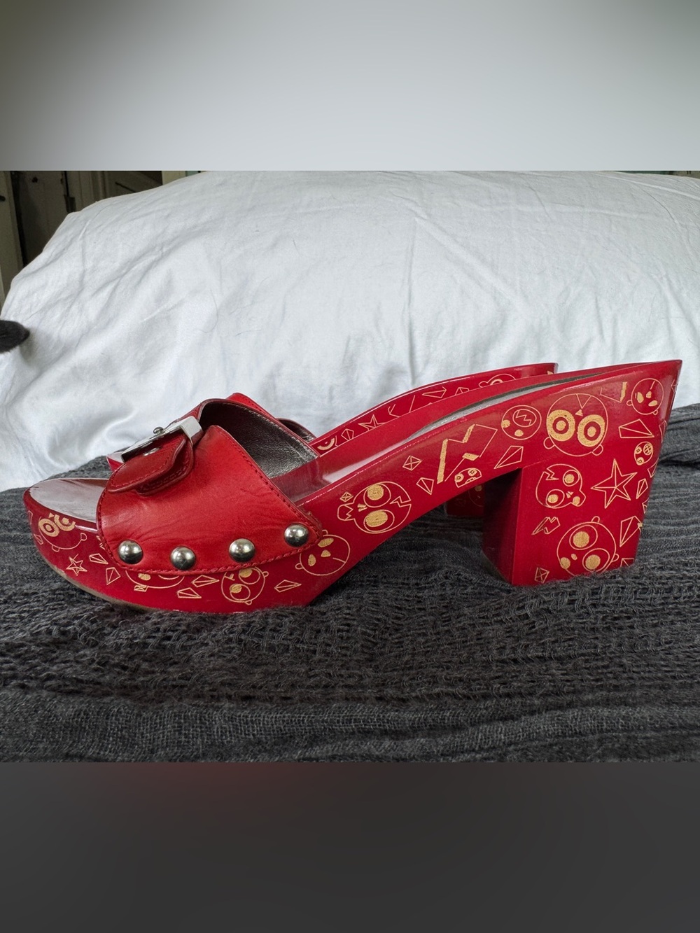 Marc by marc Jacob Red Studded Buckle Block Heel Mules